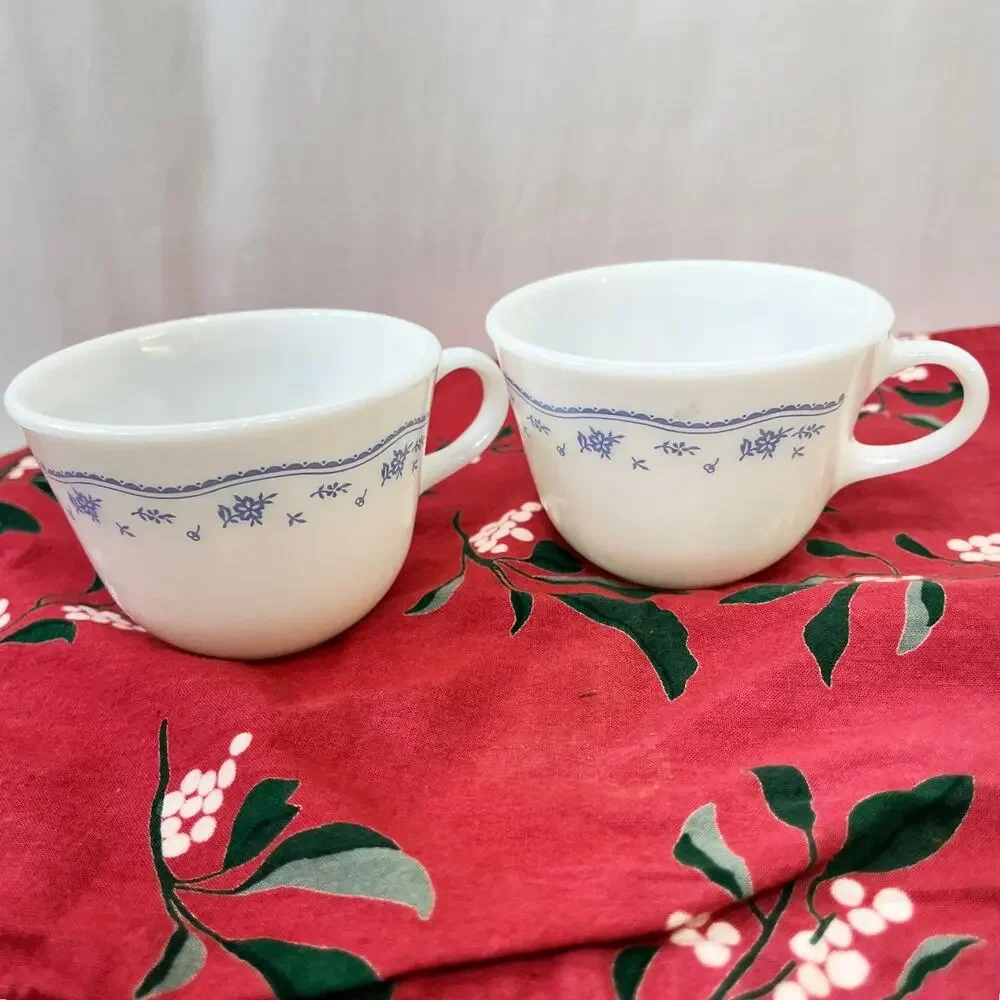 PYREX Corning Morning Blue Milk Glass Flat Cup White Blue Floral Border Lot of 2